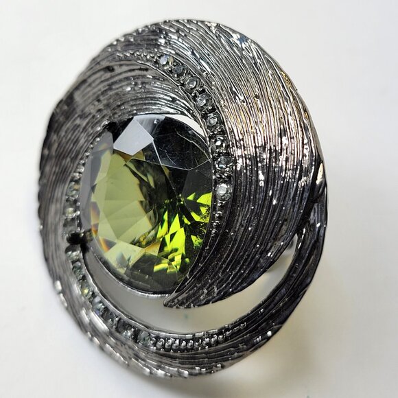 Statement Silver and Green Crystal Ring Adjustable Band - Picture 4 of 9